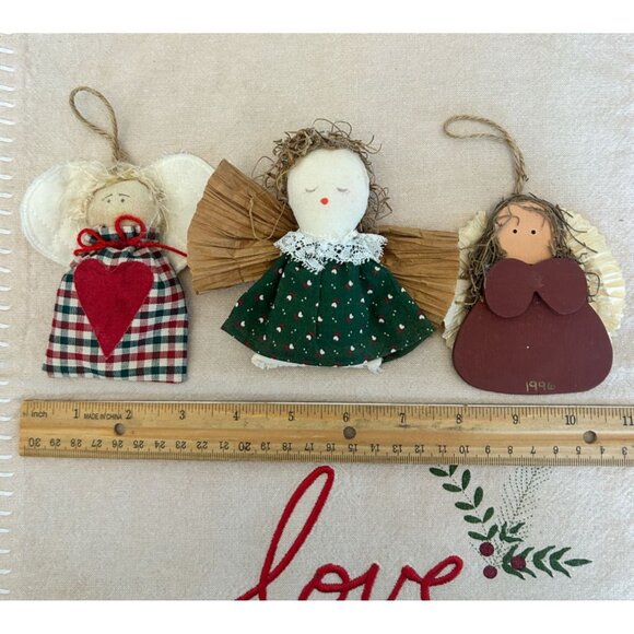 Set Of 3 Handmade Angel Christmas Ornaments Rustic Wood Fabric Straw Holiday - Picture 2 of 3